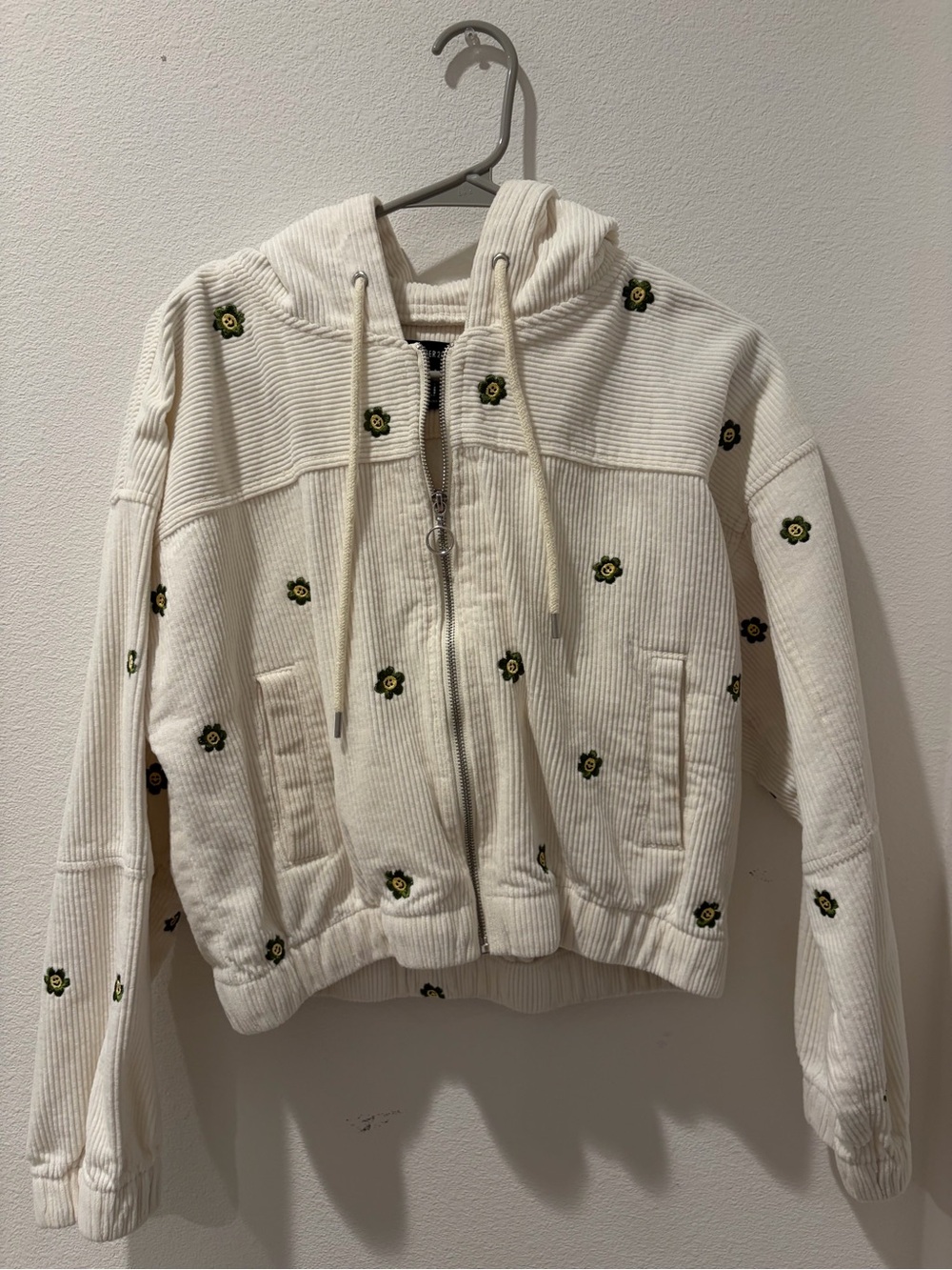 F21 Cream Corduroy Zip Hoodie with Green Floral Embroidery